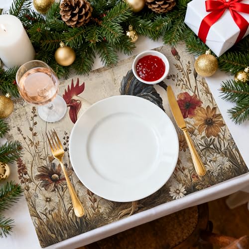 Rooster Table Placemats Set of 4 Place Mats Linen Wipeable Placemats Waterproof Rectangle Table Mat for Kitchen Dining Dinner 18 X 12 Inch - color: Rooster