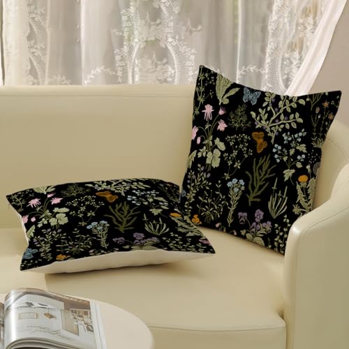 Floral Pillow Covers 18x18 Pack of 2 Black Green Botanical Wildflower Throw Pillow Covers,Spring Summer Plants Flower Decorative Pillowcase Farmhouse Cushion Case for Home Sofa,Outdoor Decor - color: Black Botanical Wildflower, size: 18" x 18" (Pack of 2)