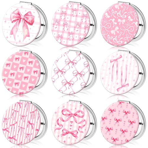 Weysat 9 Pcs Pink Bow Compact Mirrors, Double Sided Magnifying Round - color: Pink, size: Bow