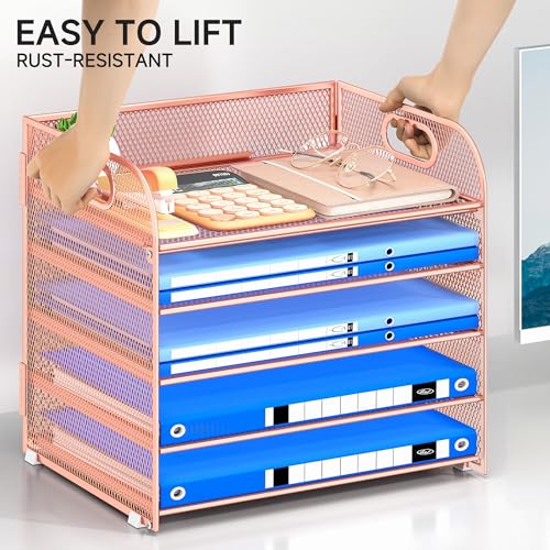 Paper Organizer Letter Tray with Handle Mesh 5 Trays - color: Rose Gold, size: 12.6" x 9.1" x 13.4"