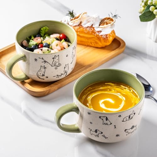 AmorArc 24 Ounces Ceramic Soup Mugs with Lids and Handle, Stoneware Bowls Cup Set of 2 for Soup, Stew, Noodle, Beautiful Mug Bowls With Lovely Dog,Cat Patterns, Microwave&Dishwasher Safe,Olive - color: Olive, size: 24oz