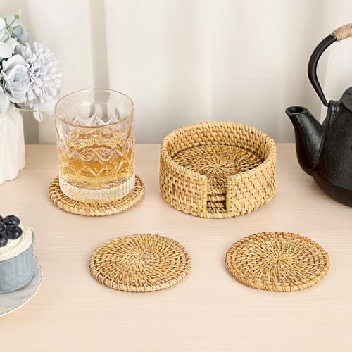 Drink Coasters Set of 6-Handwoven Rattan Coaster with Holder,Natural Rattan - style: Natural Rattan