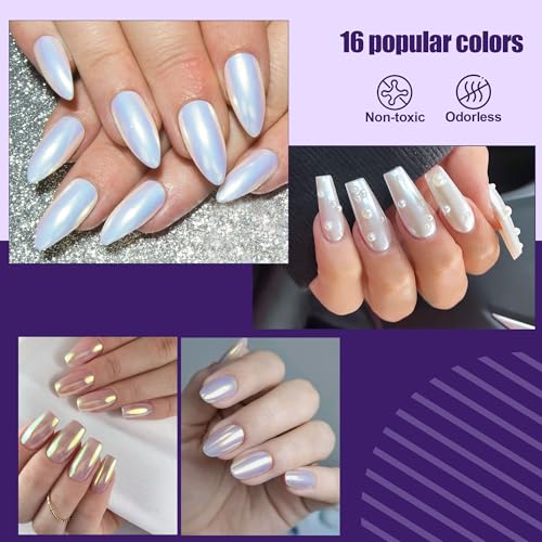 Artdone Chrome Nail Powder Dip Magic White Pearl Kit Gold Mirror Effect - color: 16 Colors Pearl And Chrome