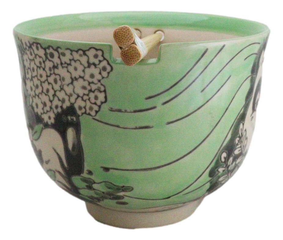 Ebros Gift Artistic Donburi Ramen Udon Noodles Soup Salad 5" D 18Oz Bowl With Bamboo Chopsticks And Built In Rest Set Asian Dining Kitchen Accent (Green Playful Panda With Flowers) - color: Green Playful Panda With Flowers