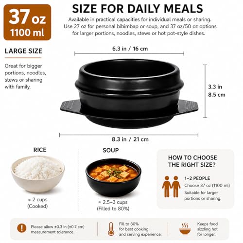 XICHENGSHIDAI Korean Stone Bowl, Dolsot with Tray, 37 Oz, Black - size: 1100ml