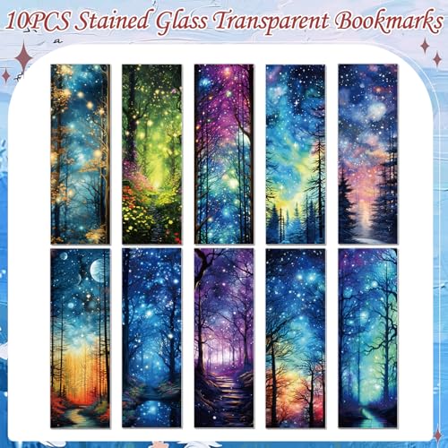Wxiben Fantasy Forest Transparent Bookmark - 10 Pcs Starry Night Sky Transparent PVC Bookmark Moon Space Book Mark Page Clips Gifts for Women Men Book Lovers Teacher Bookish Reading Accessories - style: Fantasy Forest