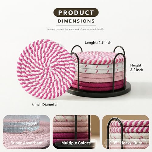 Lazebox Coasters Set of 8 for Drinks, 4 Inch Large Coasters for Coffee Table, Tabletop Protection for Hot & Cold Drinks, Versatile Coasters for Home Decor, Non-Slip & Easy to Clean, Pink - color: Pink