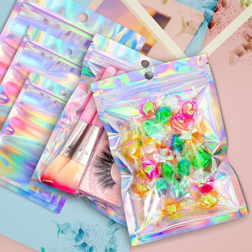 Funfery 100pcs Mylar Holographic Bags-Resealable Zipper&Clear Window - color: Holographic, size: 3.1 x 5.1 Inch