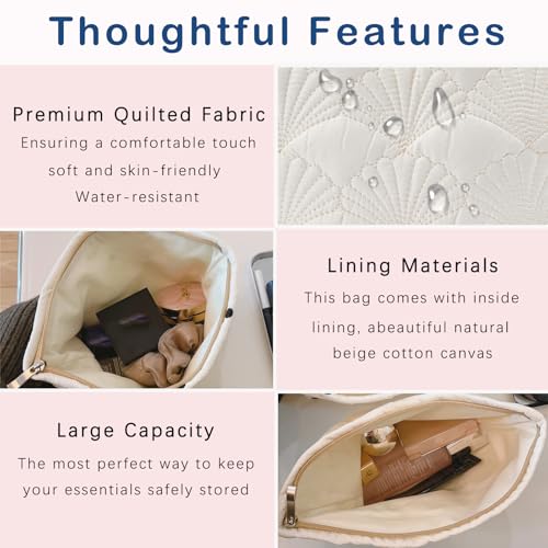 RSRSLEII Quilted Cotton Seashell Makeup Bag, Travel Toiletry Bag, White - color: 01White
