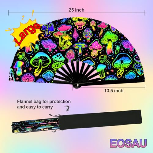 EOSAU Large UV Glow Rave Fan, Folding Hand Fans for Line Dancing, Mushrooms - color: 13" Mushrooms