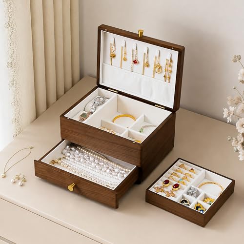 Black Walnut Wooden Jewelry Box with Feet, 3 Layer Organizer for Women - color: 3 Layer with Feet