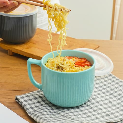 Ceramic Soup Bowl with Handle & Lid, 32oz Microwave Ramen Bowl Set of 2 - color: Blue 2 pcs-32, size: 32 OZ