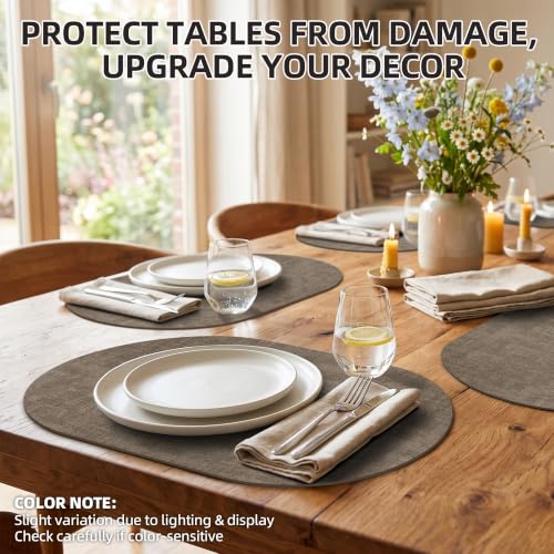 Placemats Set of 6, 17.7 x 11.8 Inch Oval Faux Leather Place Mats - color: R-drak Coffee
