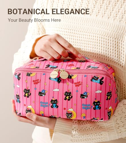 Aveniee Travel Makeup Bag for Women, Large Cosmetic Organizer with Open-Flat Design, Clear Divider & Handle - Waterproof PU Leather Toiletry Case (Moon Cat Pattern) - style: Mooncat