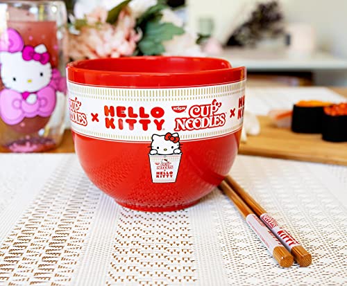 Silver Buffalo Sanrio Hello Kitty x Nissin Cup Noodles Red Ceramic Dinnerware Set | Includes Ramen Noodle Bowl and Wooden Chopsticks - color: Red