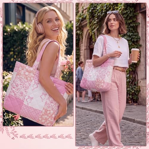 Aliceset Quilted Patchwork Tote Bag for Women Cotton Shoulder Bag Back to School Gift Farmhome Rustic Handbag Commuting Beach - style: Pink Bow