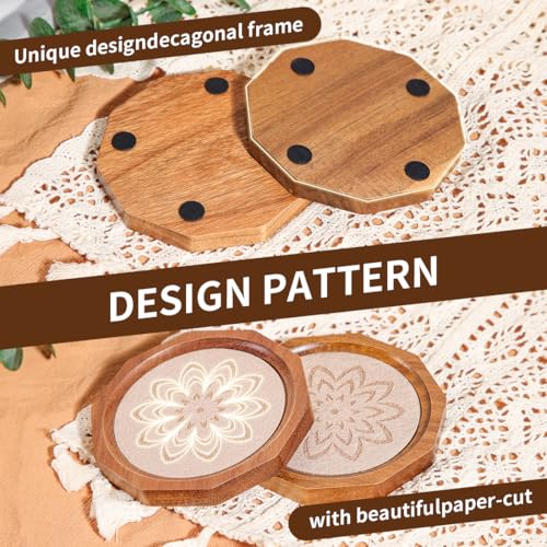 Wood Coasters for Drinks Absorbent with Lip, 4.3 Inch Acacia Wood Camel Felt Coaster with Holder for Wooden Coffee Table for Cups, Mugs, and Glasses - Set of 6 - color: ‌camel
