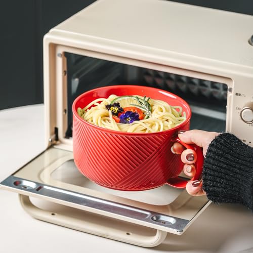 Ceramic Soup Bowl with Handle, 38 oz Microwave Safe, Red - color: Red