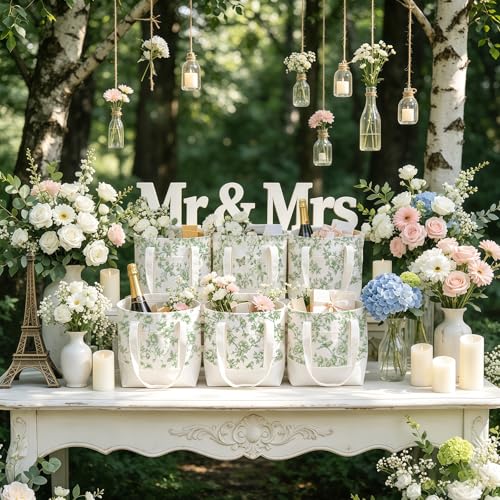6 Pcs Mini Floral Bow Tote Bags for Women White Canvas Tote Bag Bulk Reusable Coquette Bags for Wedding Party Favor - color: Green Floral