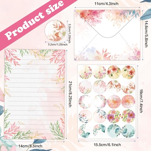 Stationery Paper Envelopes Set 160 Pcs - 50 Lined Writing Paper, 50 Envelopes, 60 Dot Stickers, Vintage/Floral/Leaf/Watercolor Multi-Style Options (STATIONERY-160PCS-FLORAL) - style: FLORAL