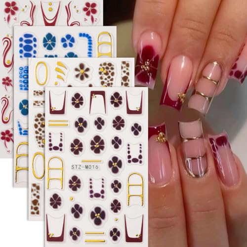 Flower Nail Art Stickers Decals French Tip Flower Nail Decals 4PCS Brown Wine Red Blue Flowers Petals Golden Circle Polka Dot Design Nails Adhesive Stickers for Women Fall Winter Nail Art Decorations - style: style8