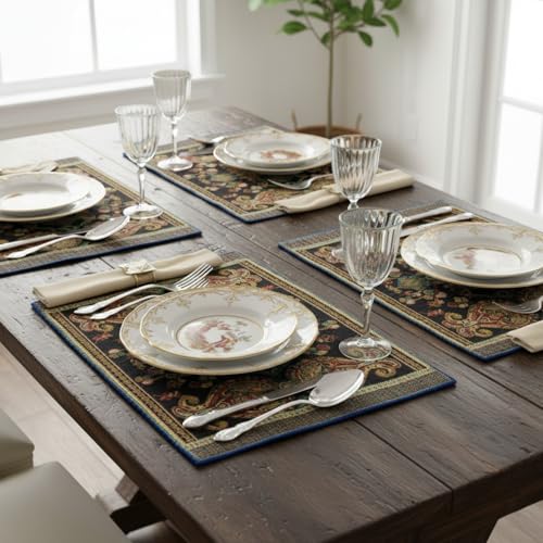 Tache Set of 4 Black & Green Tapestry Placemats – Woven Floral Paisley Medallion, Rococo Baroque Style – Cotton Linen Cloth Table Mats for Dining, Kitchen & Holiday Decor (13" x 19")