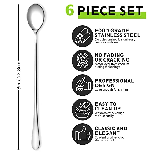 9" Ice Cream Spoons Long Handle Iced Tea Spoons Thicken Heavy Duty 6Pcs - style: 6-Pack
