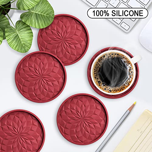 ME.FAN Silicone Coasters with Holder,[6 Pack] Drinking Coasters - Cup Mat for Hot or Cold Drinks, Thickened, Non-Slip, Non-stick,Deep Tray Wine Red - color: Wine Red