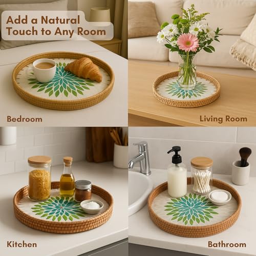 Round Rattan Tray with Mother of Pearl Inlay (12 Inches) | Decorative Round Serving Tray with Wooden Base | Coffee Table Decor | Natural Wicker Trays for Centerpiece, Ottoman, Kitchen & Home Decor
