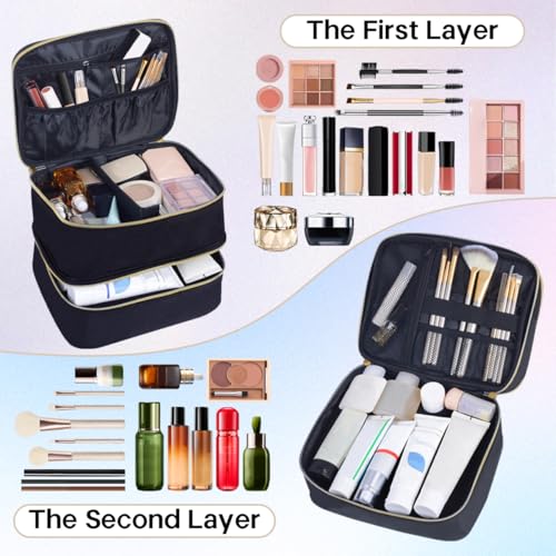 Double Layer Makeup Bag with Adjustable Dividers, Black - color: Black