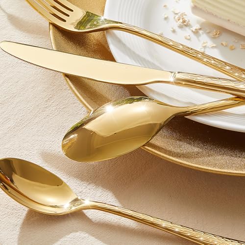 45 Piece Gold Silverware Set with Serving Utensils, 18/10 Stainless Steel - color: Gold, size: 45-Piece
