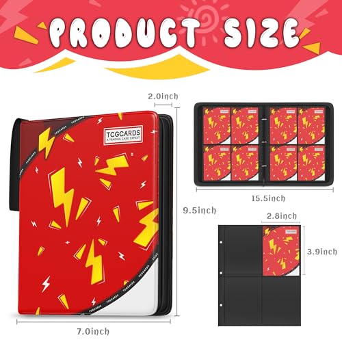 Trading Card Binder 4 Pocket,Card Binder 400 Pockets,Card Book Holder Cards with 50 Removable Sleeves,3-Ring Zip Design MTG/TCG/Sport Collectible Trading Card Albums Gifts for Boys and Girls(Red) - color: Red, size: Small