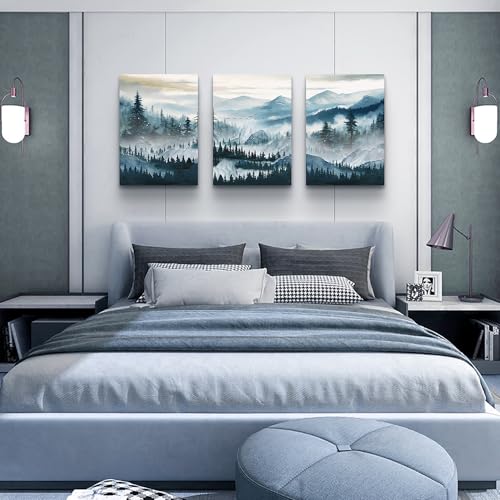 MHARTK66 Mountain Landscape Wall Art for Living Room, Large Foggy Forest Watercolor Artwork for Walls, 3 Piece Nature Mountain Forest Paintings Prints for Hallway Office Kitchen Wall Decor, 16x24 Inch - color: Forest Trees Landscape Wall Painting, size: 1