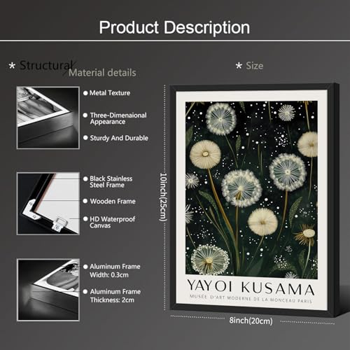 Japanese Green Botanical Flower Poster Vintage Nature Dandelion Wall Art 08x10 inch Black Framed Yayoi Kusama Canvas Prints for Living Room Wall Decor - color: Trendy 2-BFramed, size: 10"L x 8"W