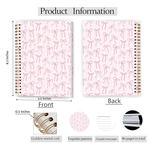 GDJIEGBC Coquette Pink Ribbon Bow Striped Notebook 5.5x8.3in - color: Color-H