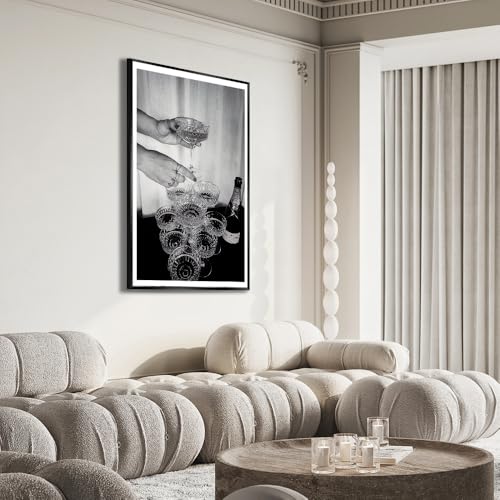 Vintage Champagne Glasses Posters Black and White Wall Art Trendy Wine Decor Funky Bar Cart Canvas Prints Unique Aesthetic for Pub Kitchen Dining Living Room Home Decor 12x16in Metal Black Frame - color: Black Frame 3, size: 16"L x 12"W
