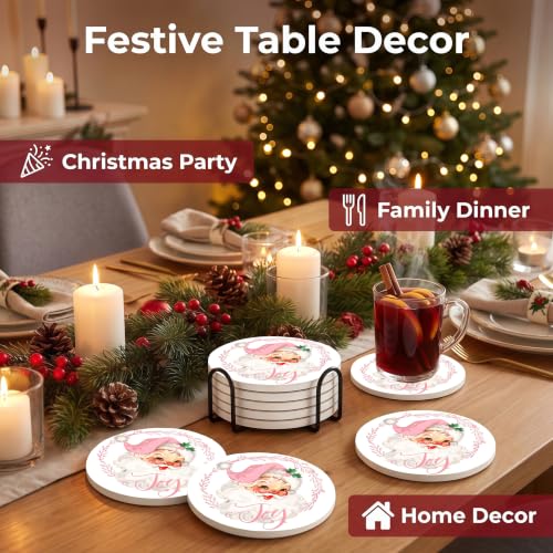Nikyi 6 Pcs Christmas Pink Santa Ceramic Absorbent Coasters, Round Drink Coaster with Metal Holder and Cork Base, for Coffee Table Kitchen Bedroom Living Office Desk Home Decor - color: Pink Santa Claus