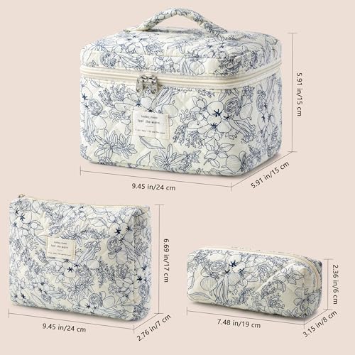 HBselect Quilted Makeup Bag, 3Pcs Cotton Large Travel Makeup Bags Organizer - color: A-3PCS-Floral 31