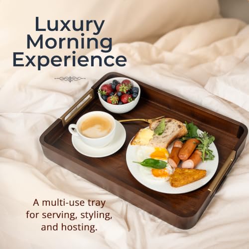 100% Acacia Wooden Serving Tray with Gold-Tone Aluminum Handles