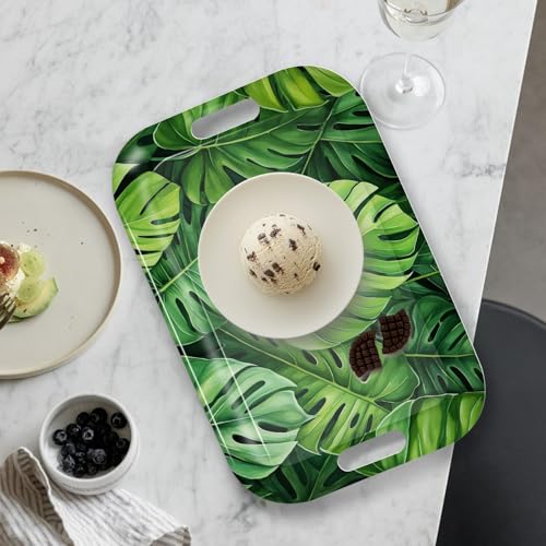 Serving Trays with Handles, 14.5 x 9.8 inch Rectangular Plastic Tray for Restaurant, Kitchen, Tropical Leaf Pattern Monstera in The Style - color: Tropical Leaf Pattern Monstera in the Style
