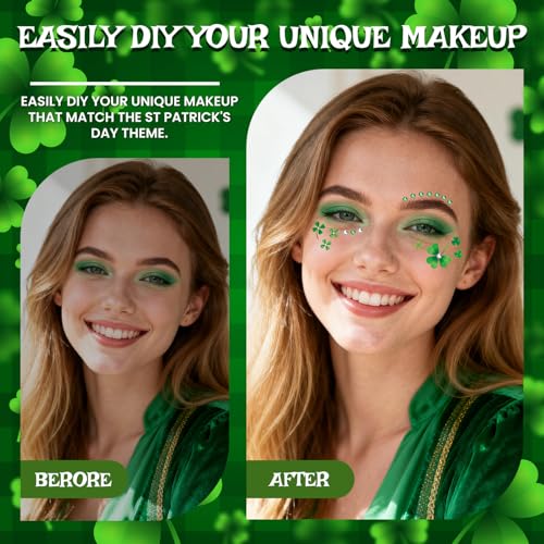 St Patrick's Day Shamrock Face Tattoo with Green White Face Gems