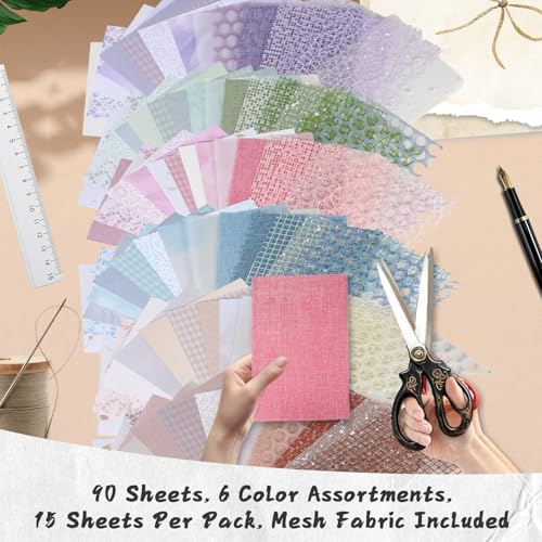 Textured Scrapbook Paper with Decor Mesh Fabric Creative Kit, 6 Pack