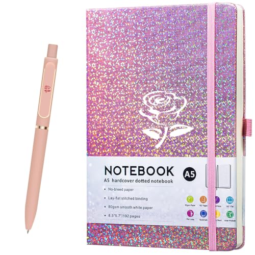 HJWKJUS Bling A5 Lined Journal Notebook with Pen for Girls Women, Pink - color: Pink-Flower