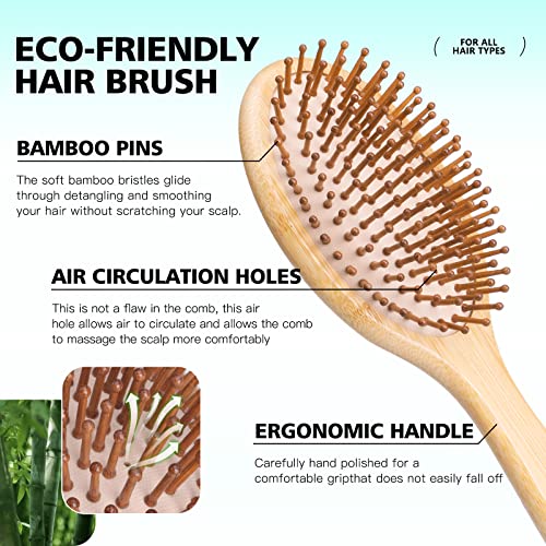 Bamboo Hair Brush and Comb Set for Hair Growth & Scalp Massager