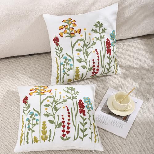 LUOYEHK Embroidered Pillow Covers 18x18 Inch Set of 2 Decorative Throw Pillow Cover Tufted Floral Spring Summer Boho Cushion Pillowcase for Couch Sofa Bed Living Room, Colorful Flowers - color: Colorful Flowers