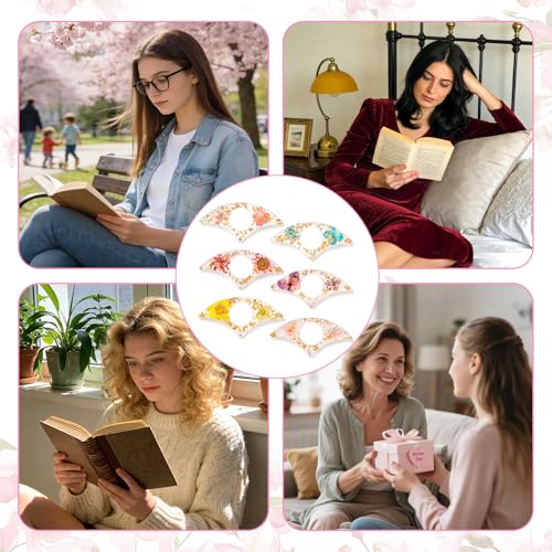 Dried Flower Resin Bookmarks, Transparent Thumb Book Page Holder with Gold Flakes, 6 Pack Reading Accessories Gift for Teachers Students