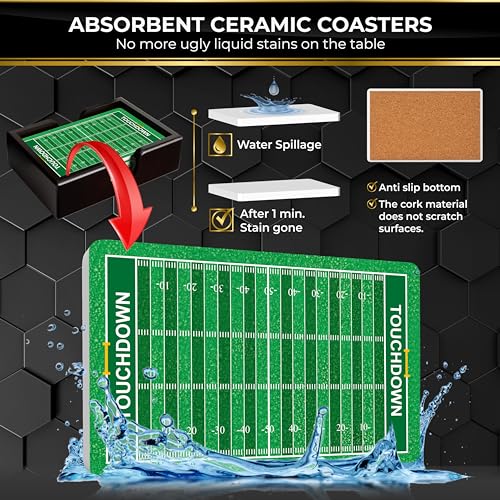 Football Field Ceramic Coasters with Holder. Absorbent Coaster for Drinks, Coaster Set, Table Coaster. Gift for Men Decorations, Party Favors - color: Football