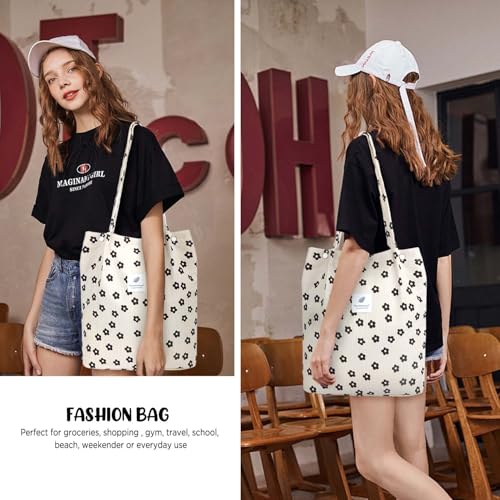 Ayieyill Corduroy Tote Bag for Women Canvas Shoulder Cord Purse with Inner Pocket - color: Black Flower