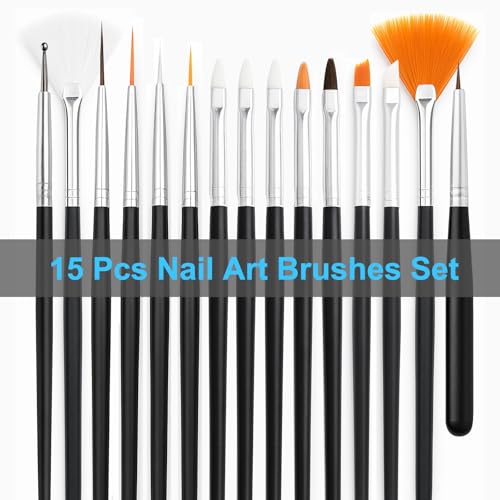 Nail Art Tools Set – 15pcs Nail Brushes, 5pcs Dual-Ended Dotting Pens, Nail Stand & Holder Kit with Brush Rack, Tweezers & Double-Sided Tape for DIY Nail Design & Press On Nails