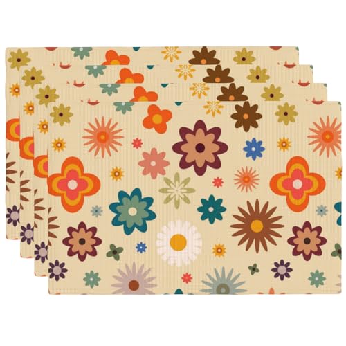 70s Retro Boho Funky Hippie Floral Placemats Set of 4 12x18 Inch - color: Colorful, size: Set of 4